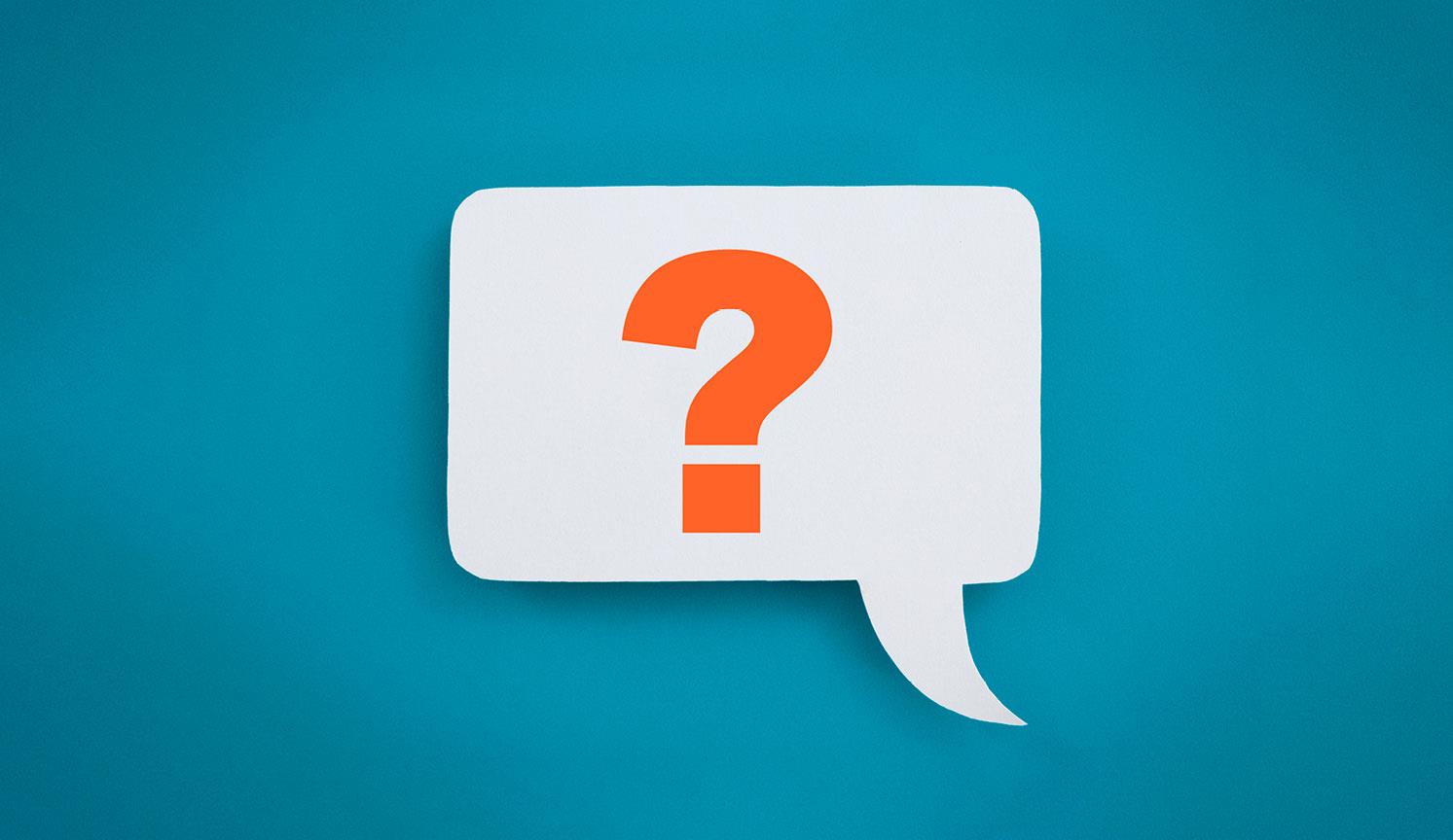 orange question mark in a speech bubble, on a blue background